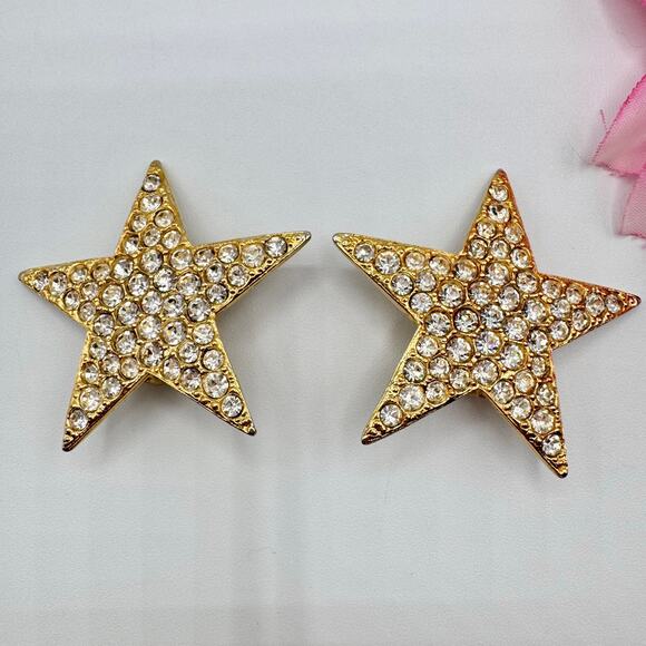 Vintage Tara Rhinestone Star Clip On Earrings Pave Huge Gold Tone Runway Signed - Picture 8 of 16
